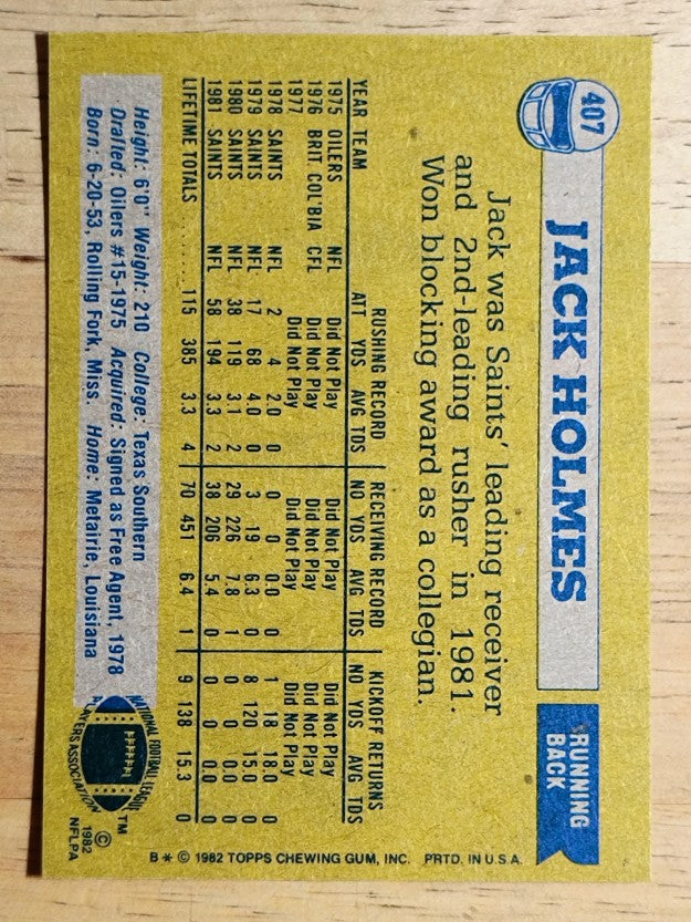 1982 Topps #407 Jack Holmes