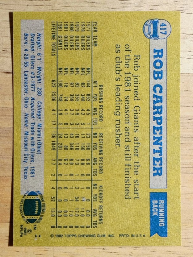 1982 Topps #417 Rob Carpenter