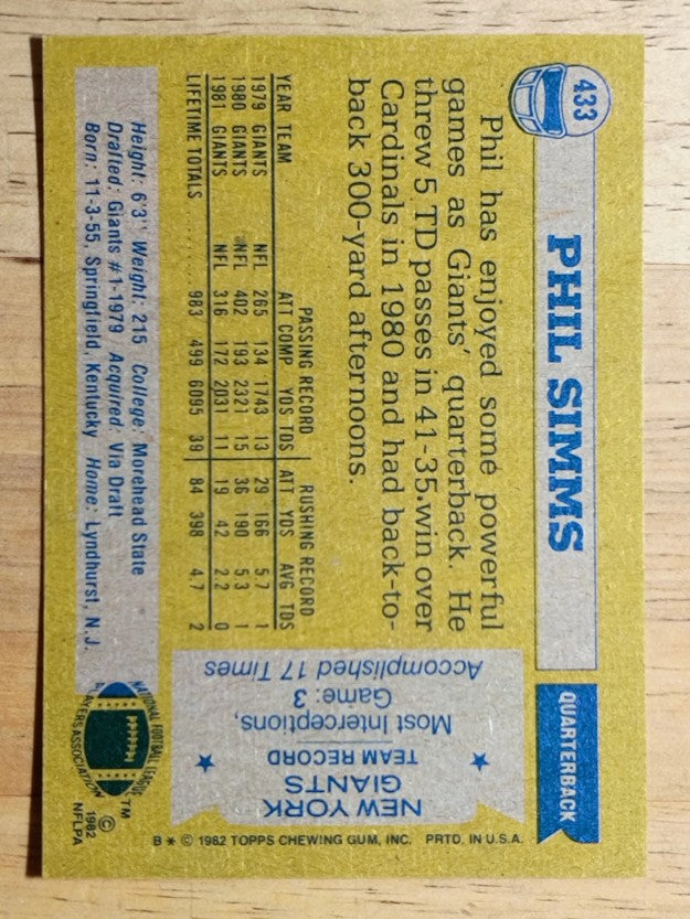 1982 Topps #433 Phil Simms