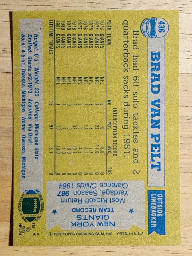 1982 Topps #436 Brad Van Pelt