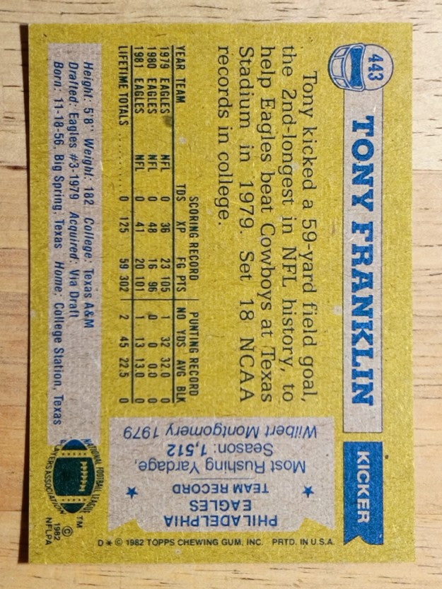 1982 Topps #443 Tony Franklin