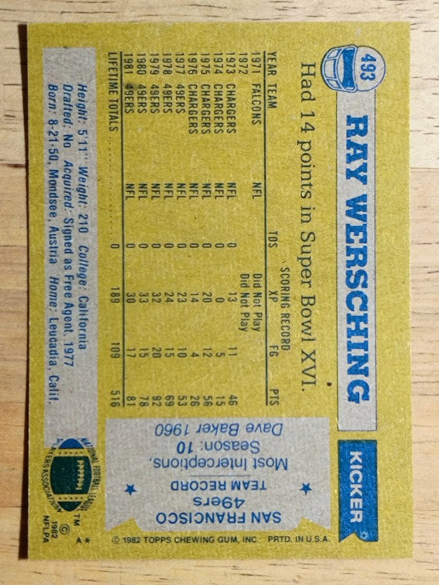 1982 Topps #493 Ray Wersching