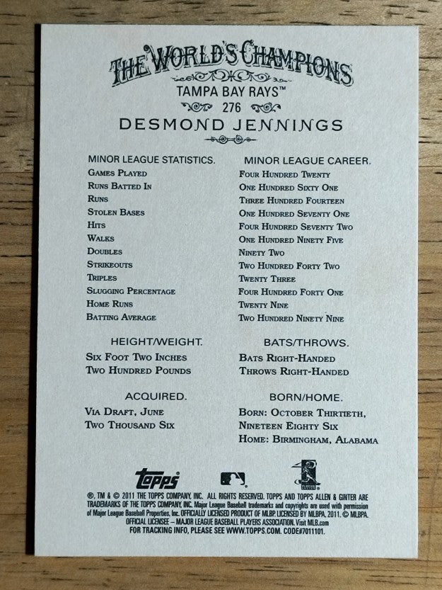 2011 Topps Allen and Ginter #276 Desmond Jennings RC