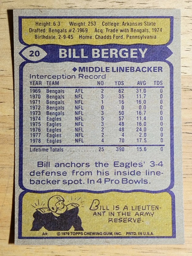 1979 Topps #20A Bill Bergey AP/Eagles printed in pink on front (NM)