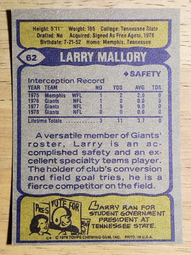 1979 Topps #62 Larry Mallory RC (EXMT)
