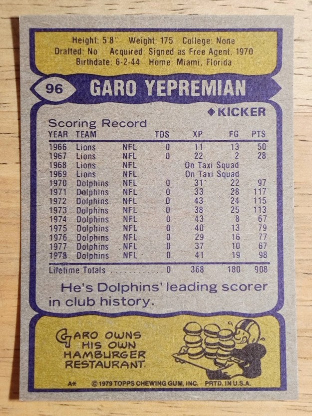 1979 Topps #96 Garo Yepremian (EXMT)