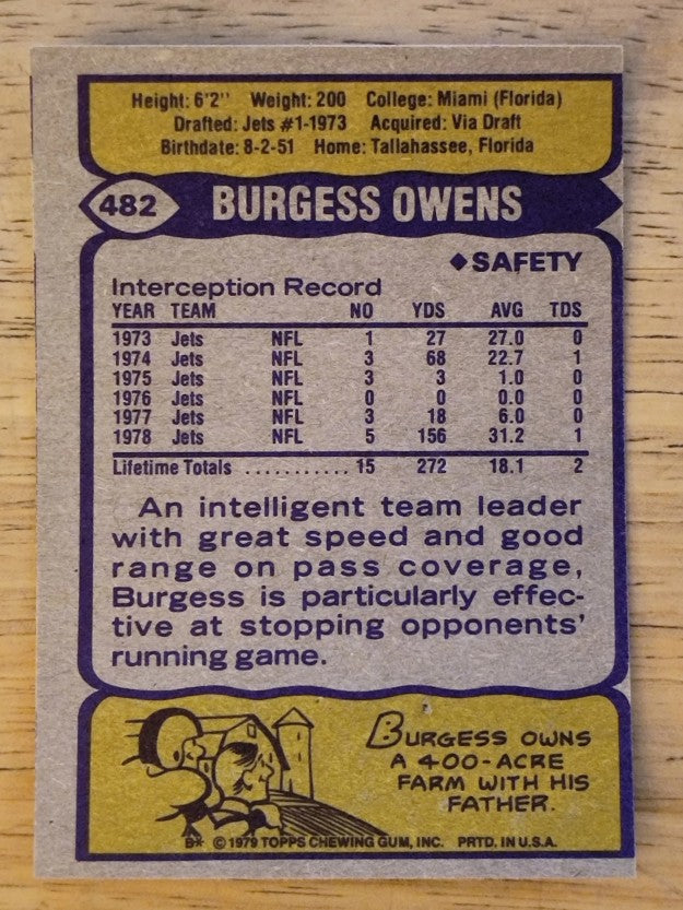 1979 Topps #482 Burgess Owens (EX)