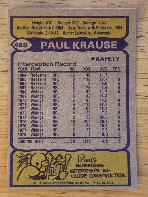 1979 Topps #489 Paul Krause (EX)