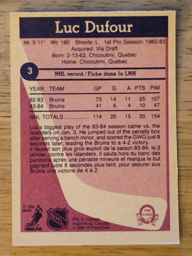 1984-85 O-Pee-Chee #3 Luc Dufour