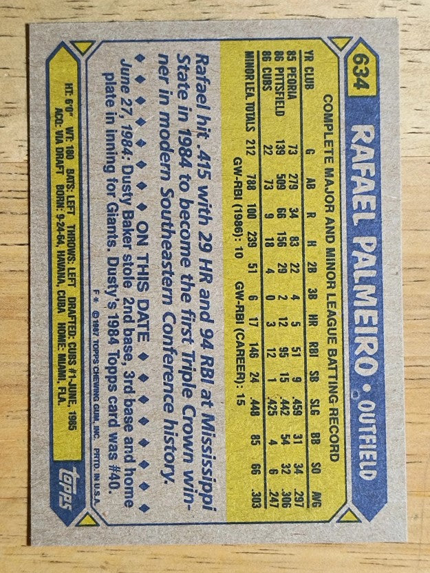 1987 Topps #634 Rafael Palmeiro RC
