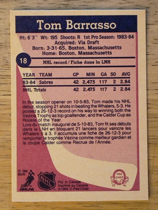 1984-85 O-Pee-Chee #18 Tom Barrasso RC