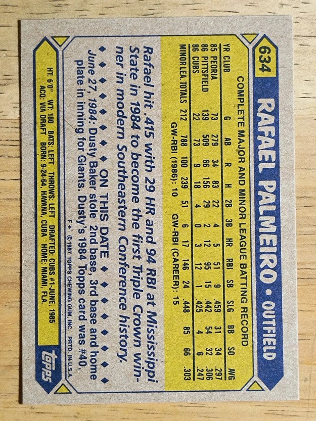 1987 Topps #634 Rafael Palmeiro RC