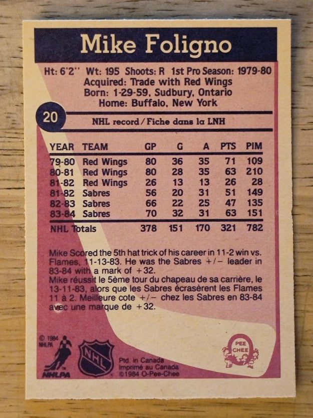 1984-85 O-Pee-Chee #20 Mike Foligno