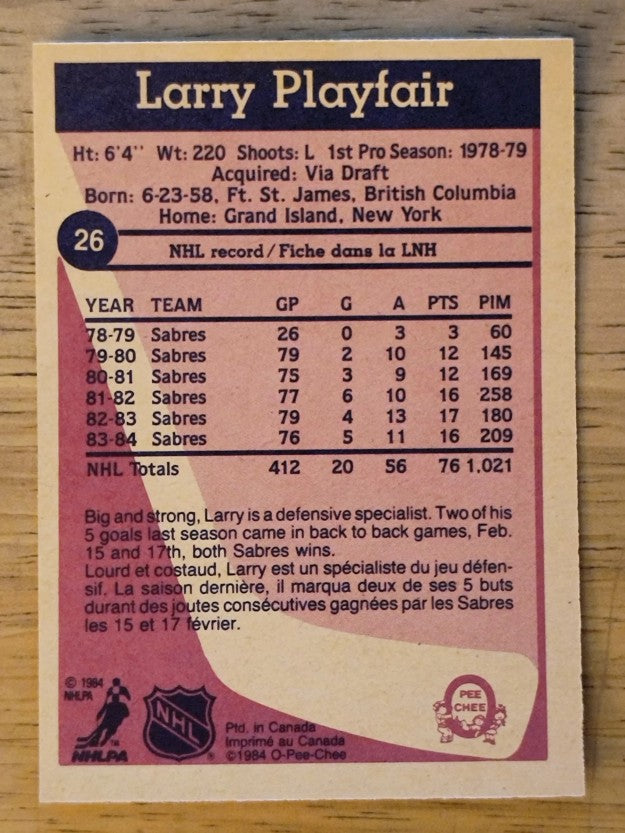 1984-85 O-Pee-Chee #26 Larry Playfair