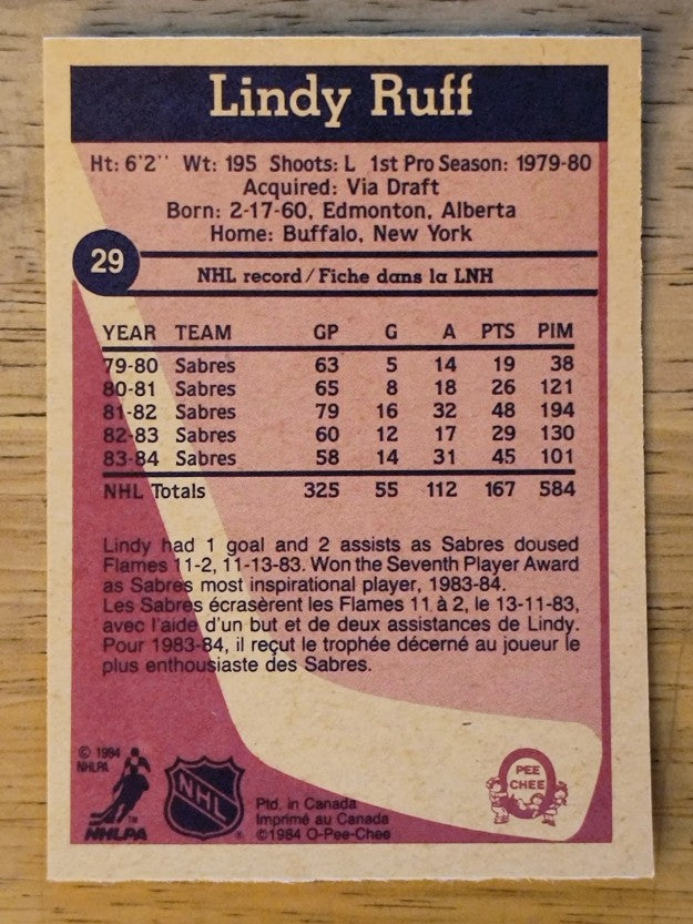 1984-85 O-Pee-Chee #29 Lindy Ruff