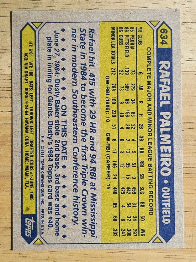 1987 Topps #634 Rafael Palmeiro RC