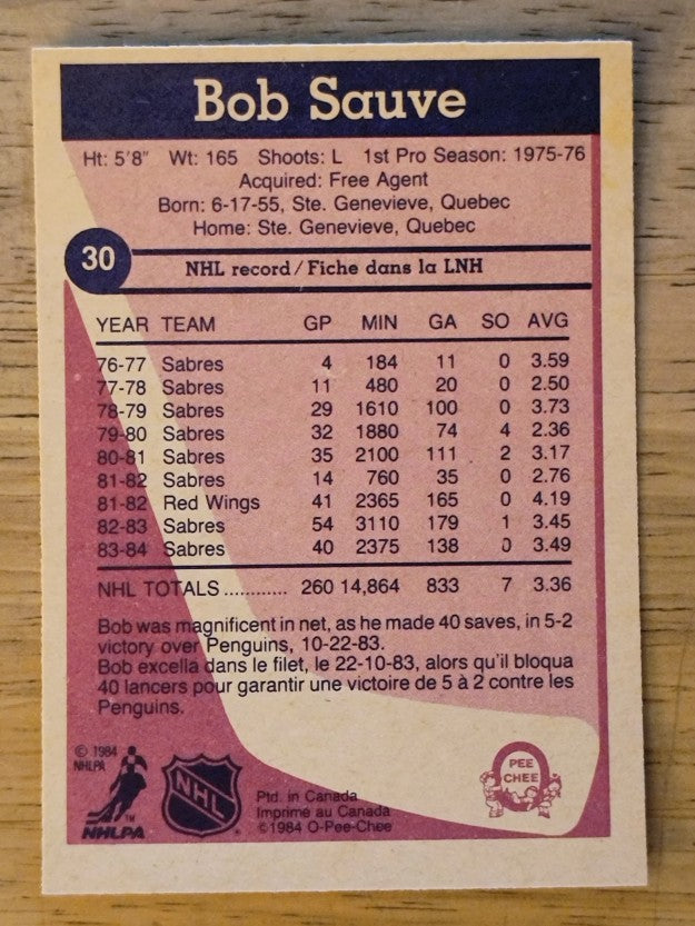 1984-85 O-Pee-Chee #30 Bob Sauve