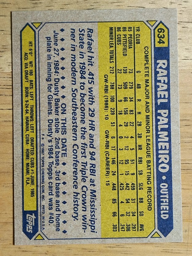 1987 Topps #634 Rafael Palmeiro RC
