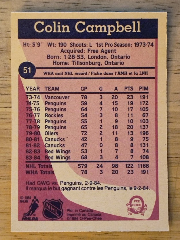 1984-85 O-Pee-Chee #51 Colin Campbell