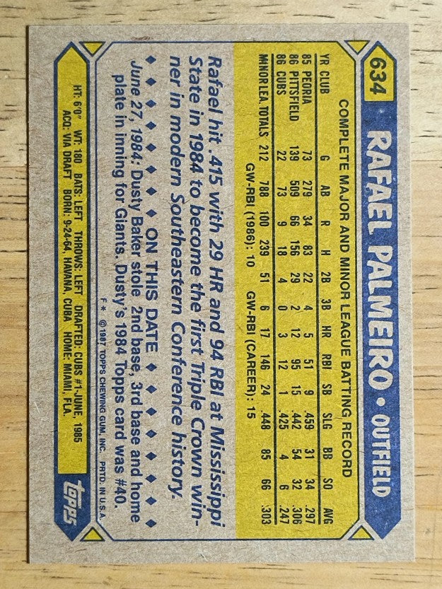 1987 Topps #634 Rafael Palmeiro RC