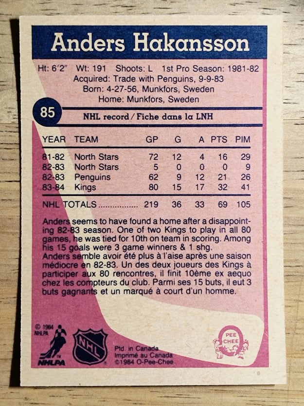 1984-85 O-Pee-Chee #85 Anders Hakansson RC