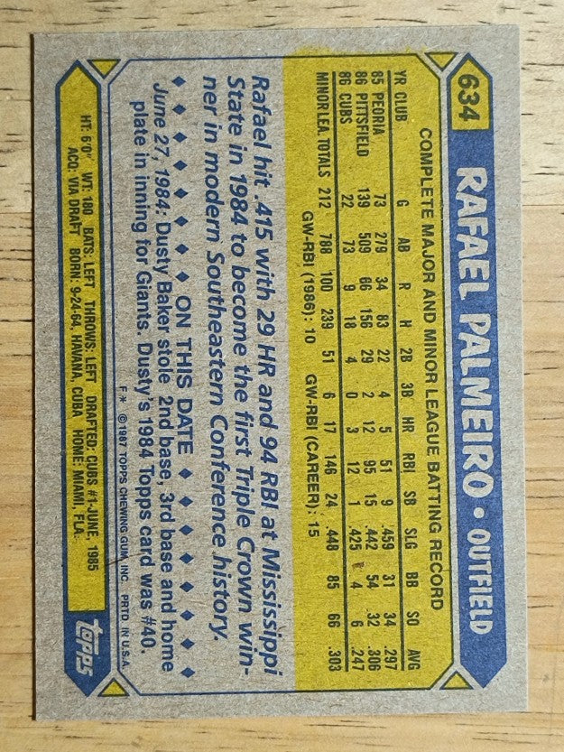 1987 Topps #634 Rafael Palmeiro RC