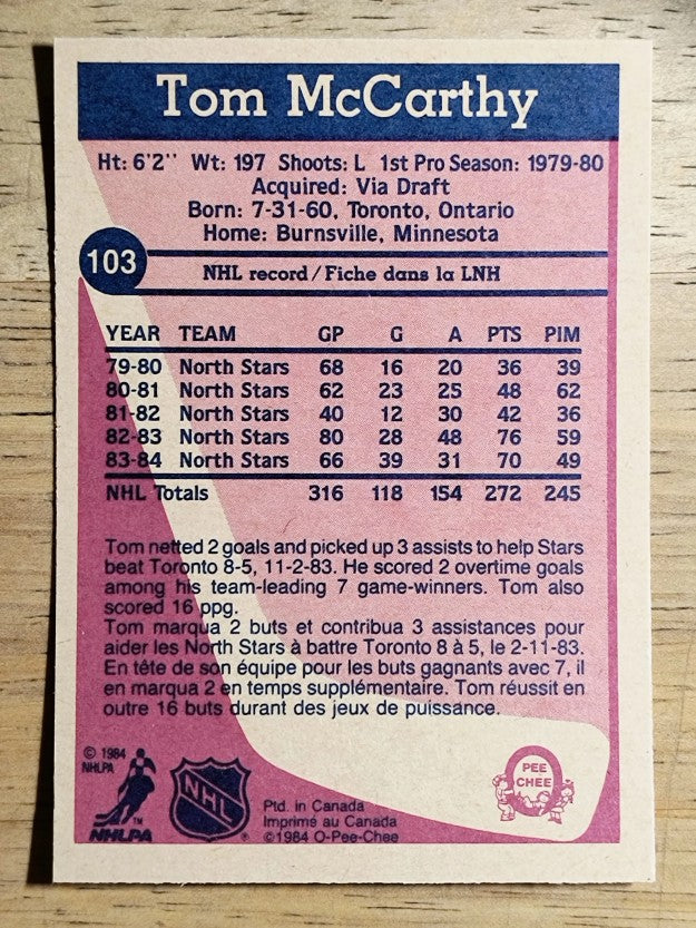 1984-85 O-Pee-Chee #103 Tom McCarthy