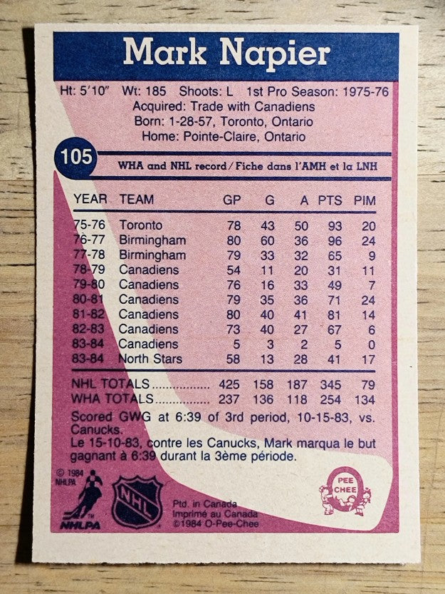 1984-85 O-Pee-Chee #105 Mark Napier