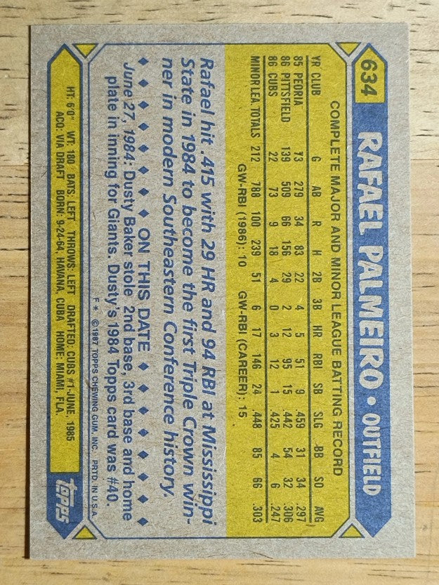 1987 Topps #634 Rafael Palmeiro RC