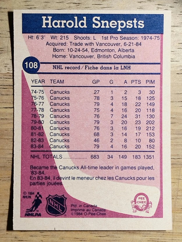 1984-85 O-Pee-Chee #108 Harold Snepsts