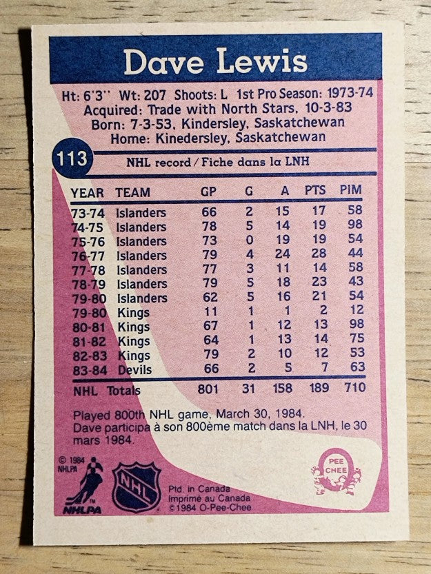 1984-85 O-Pee-Chee #113 Dave Lewis