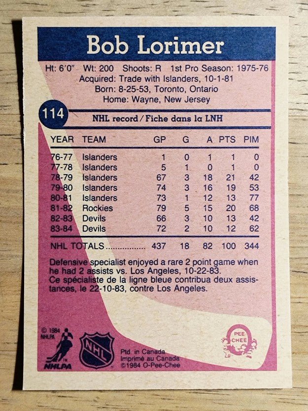 1984-85 O-Pee-Chee #114 Bob Lorimer