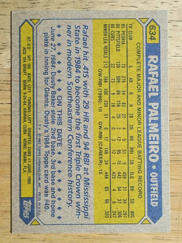 1987 Topps #634 Rafael Palmeiro RC