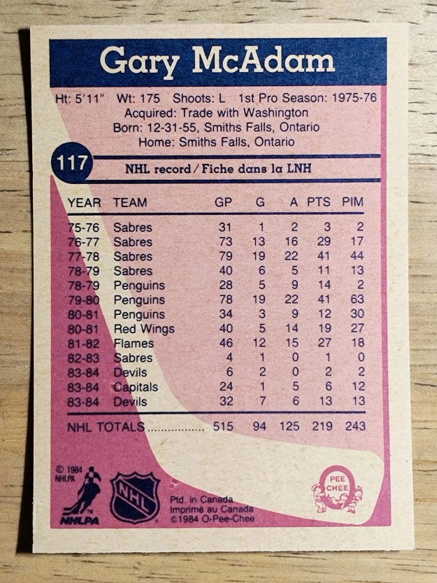 1984-85 O-Pee-Chee #117 Gary McAdam