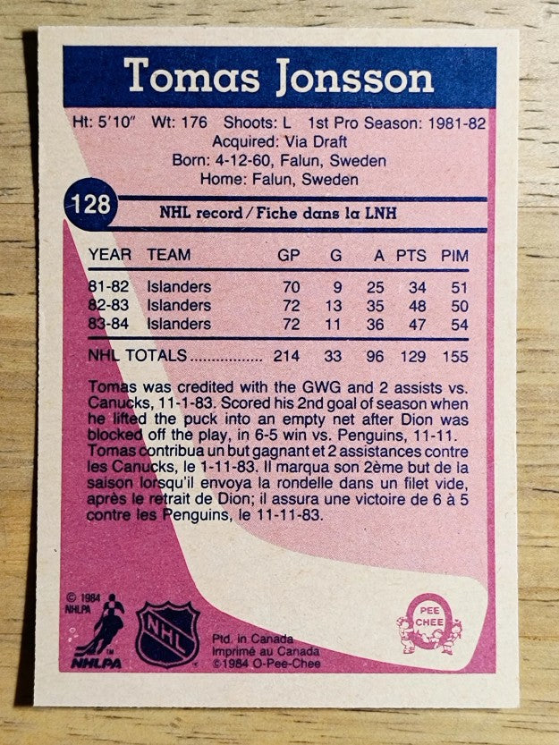 1984-85 O-Pee-Chee #128 Tomas Jonsson