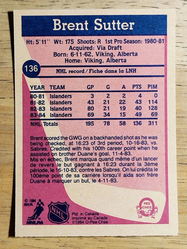 1984-85 O-Pee-Chee #136 Brent Sutter