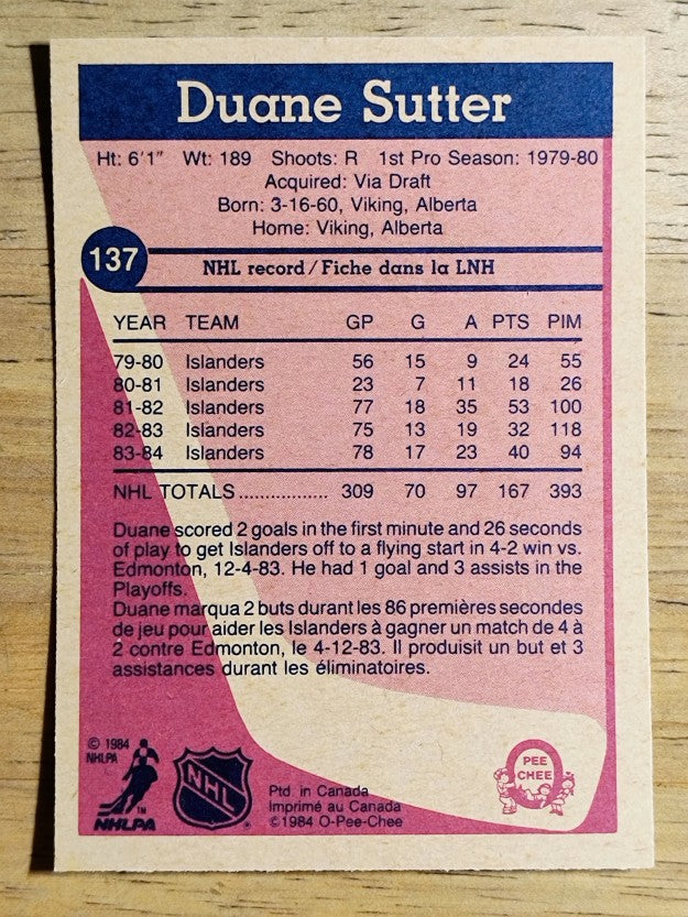 1984-85 O-Pee-Chee #137 Duane Sutter