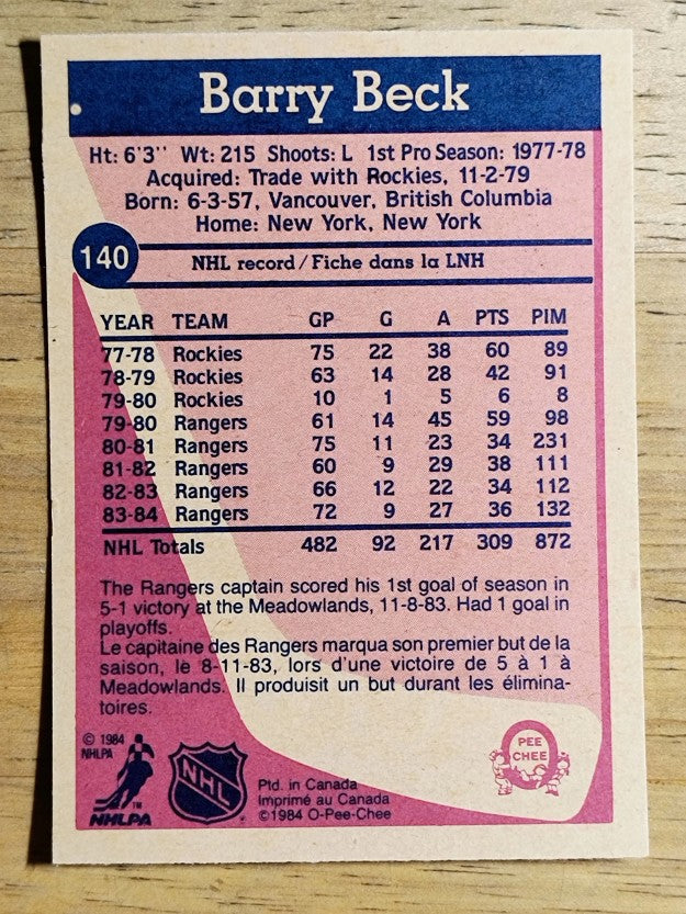 1984-85 O-Pee-Chee #140 Barry Beck
