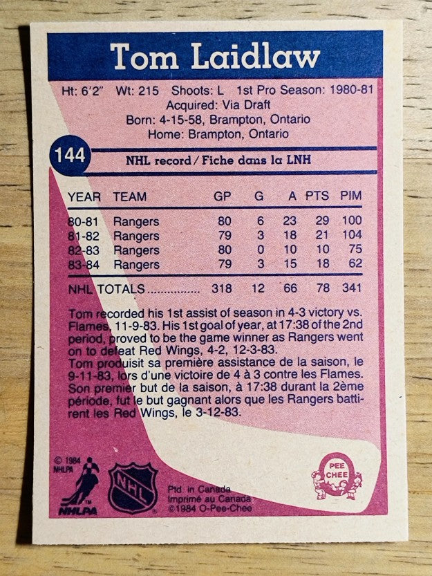 1984-85 O-Pee-Chee #144 Tom Laidlaw