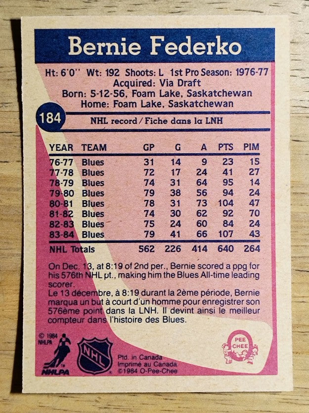 1984-85 O-Pee-Chee #184 Bernie Federko