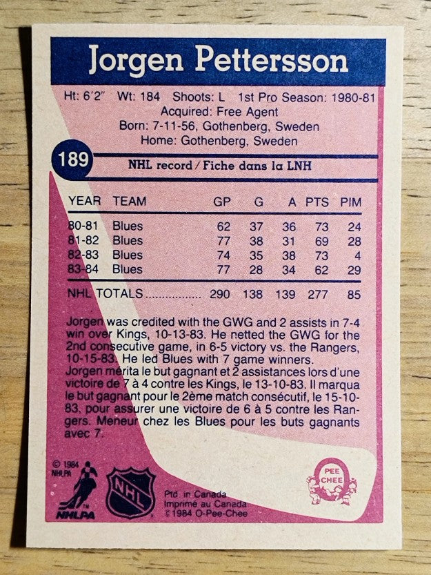 1984-85 O-Pee-Chee #189 Jorgen Pettersson