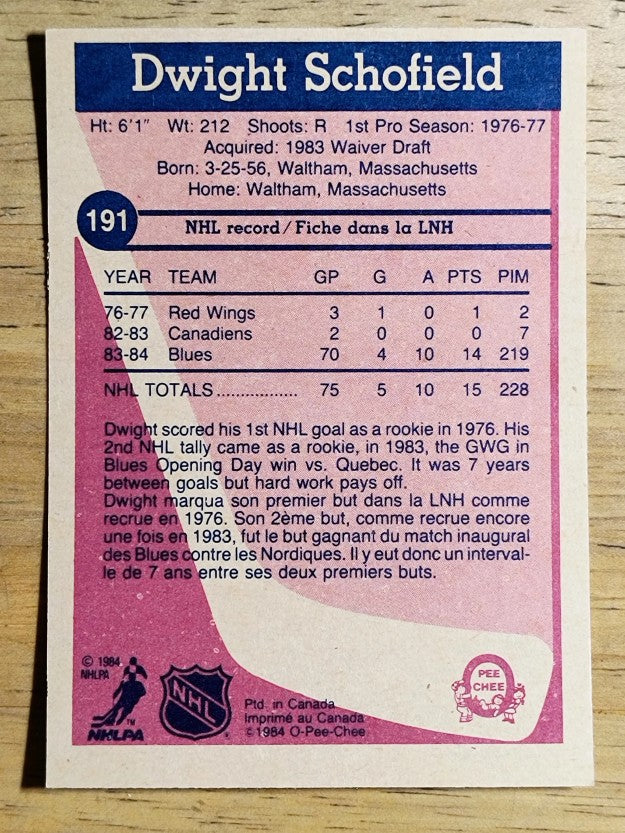 1984-85 O-Pee-Chee #191 Dwight Schofield RC
