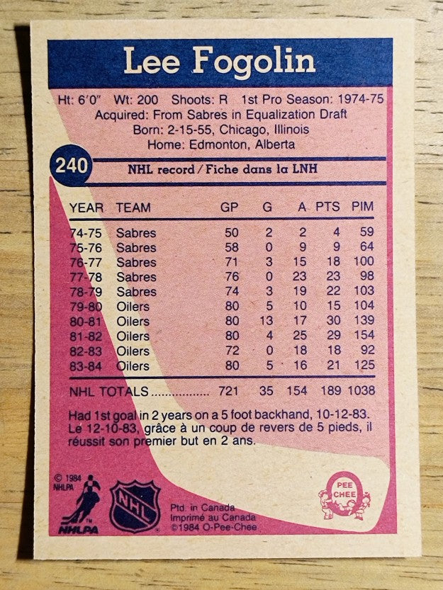 1984-85 O-Pee-Chee #240 Lee Fogolin