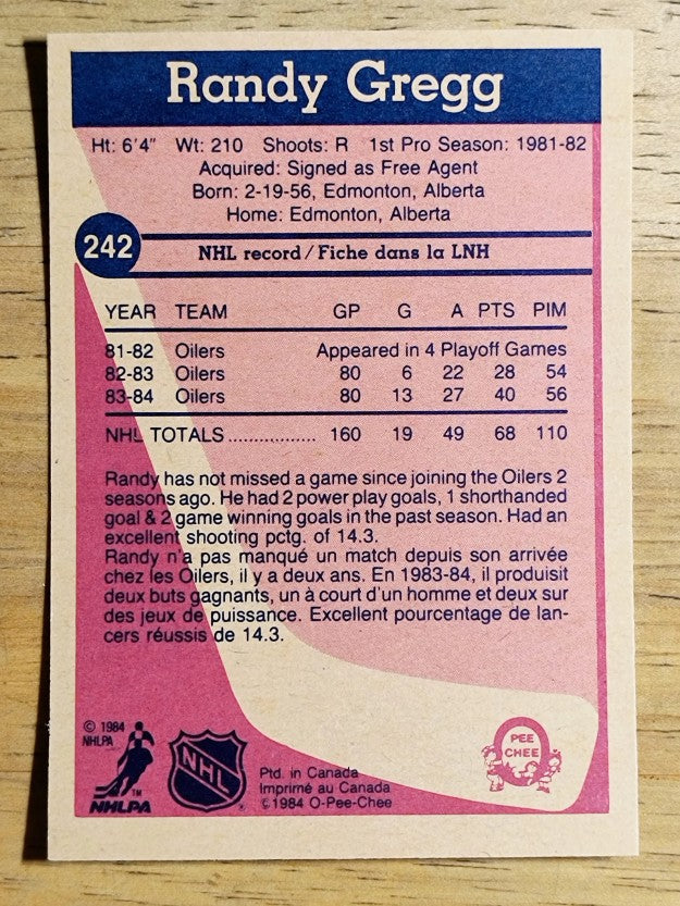 1984-85 O-Pee-Chee #242 Randy Gregg
