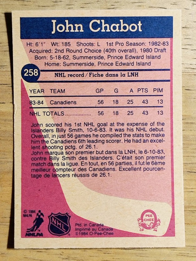 1984-85 O-Pee-Chee #258 John Chabot RC