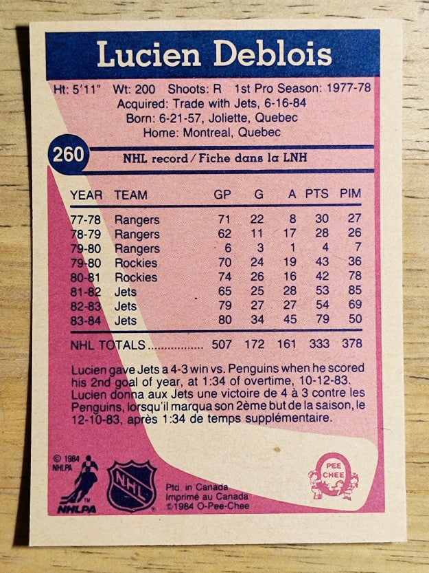 1984-85 O-Pee-Chee #260 Lucien DeBlois