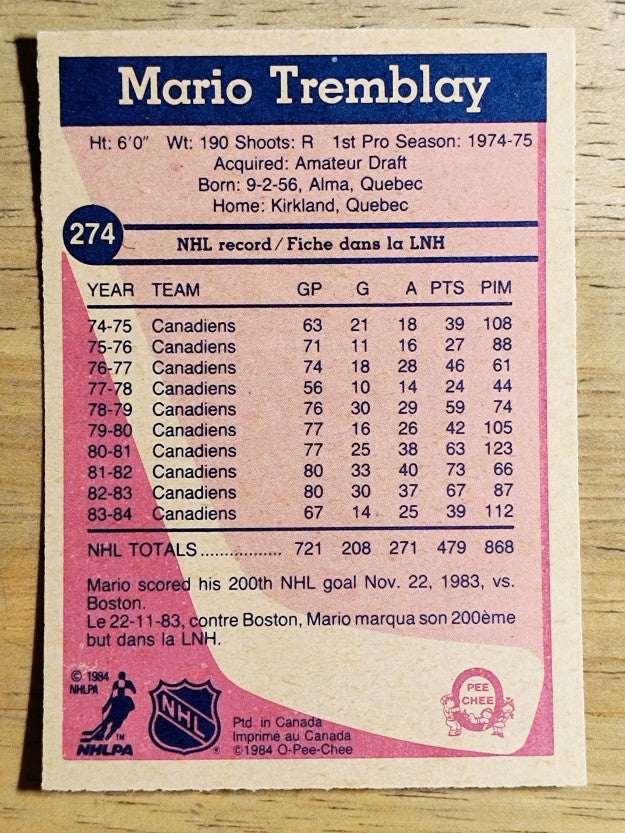1984-85 O-Pee-Chee #274 Mario Tremblay