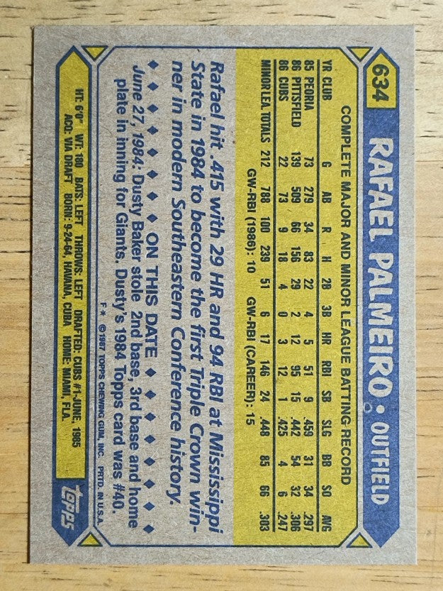 1987 Topps #634 Rafael Palmeiro RC