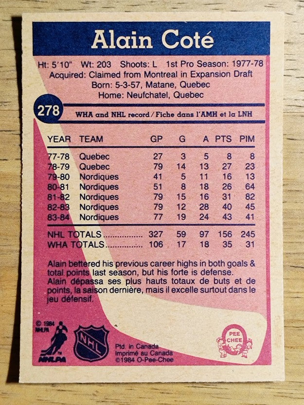 1984-85 O-Pee-Chee #278 Alain Cote