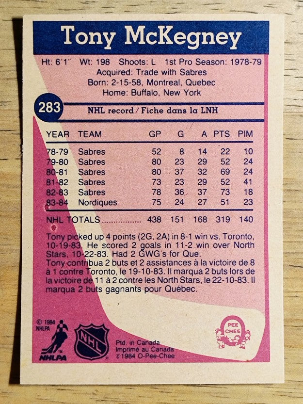 1984-85 O-Pee-Chee #283 Tony McKegney